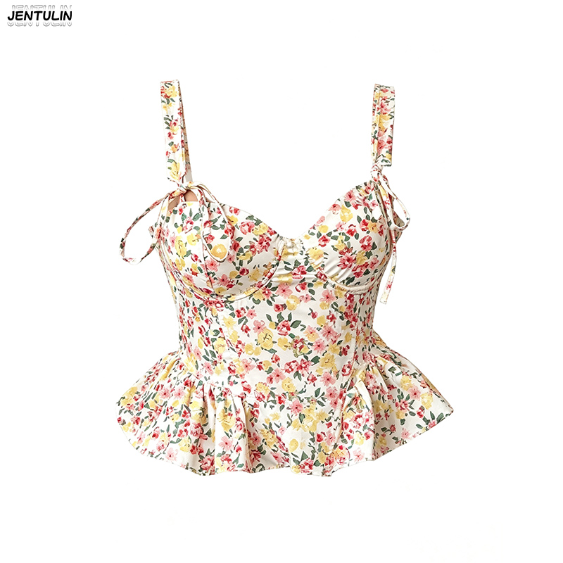 Corset Waist Cinch - เสื้อกล้ามผ้าฝ้ายทรงสั้นสำหรับฤดูใบไม้ผลิและฤดูร้อน พร้อมดีไซน์ลูกไม้ผูกเชือก ปรับระดับได้ คอร์เซ็ตทรงกระดูกปลา ขอบระบายช่วงอก
